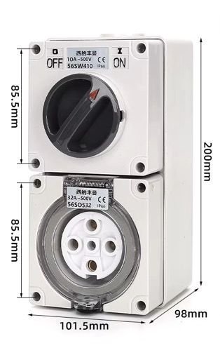 Switch Socket Outlet 500V, 32A, 5 Round PIN, IP66, 3 Pole, Surface